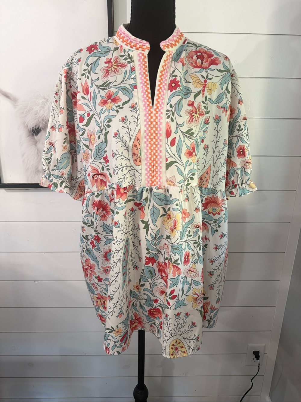 CHERYBETTY Multicolor Floral Split Neck Ruffle 3/4 Sleeve Tunic Blouse 2XL